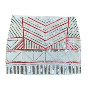 Express Sequin Mini Skirt White Multicolor Geometric Beaded Party Size Small